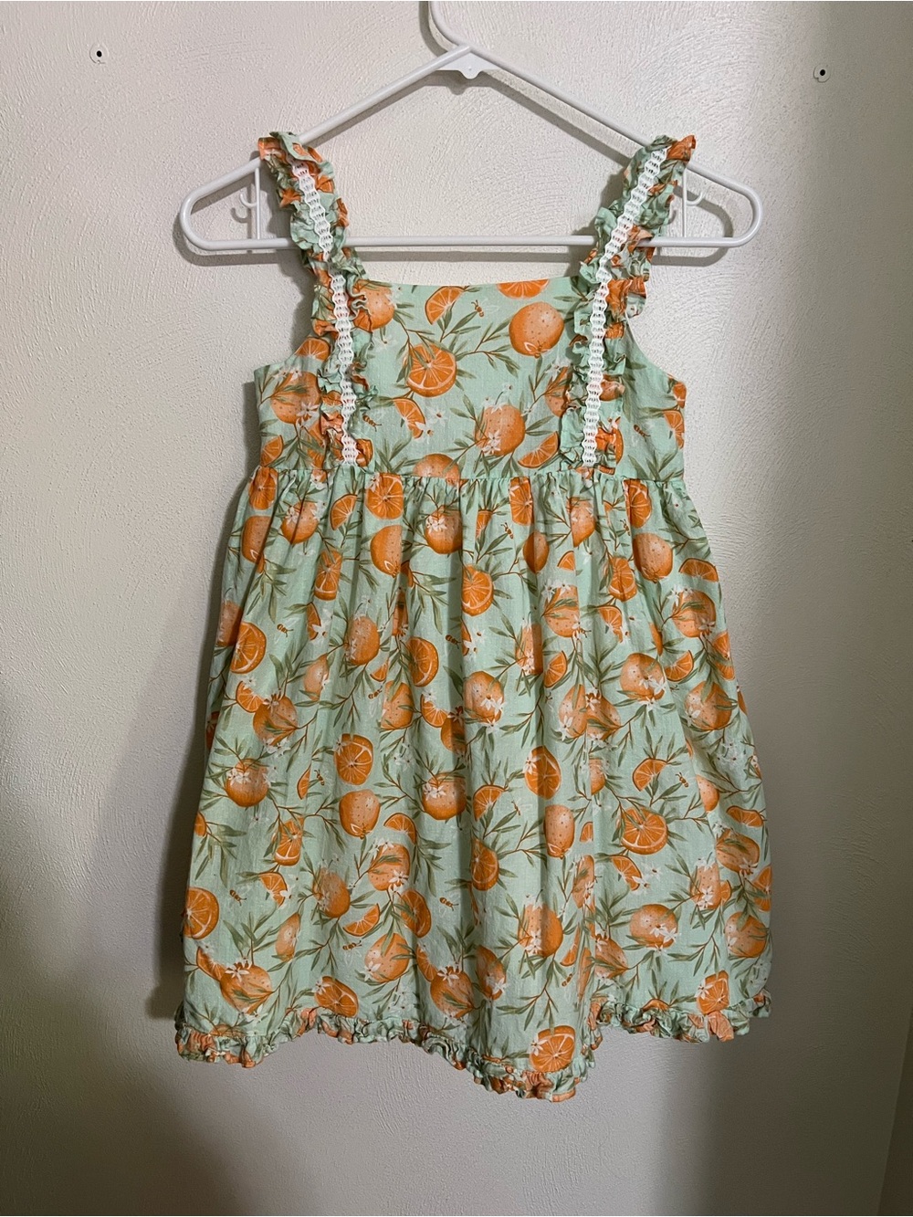JOLIE Cotton Summer Dress with Ruffles and Lace Trim Orange Green Girl's Size 8